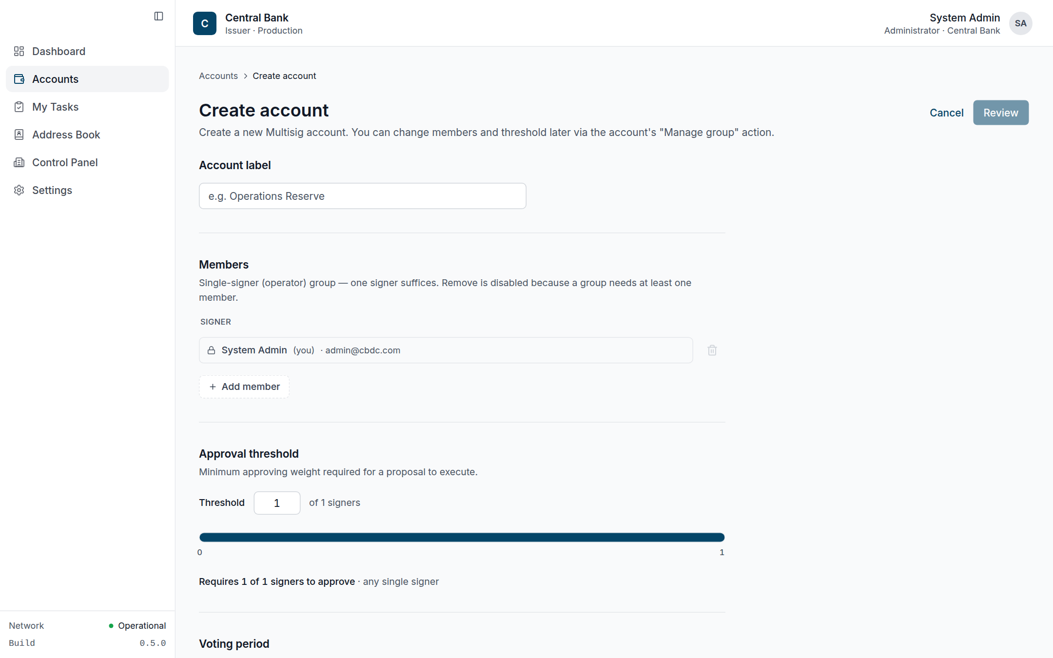 Create account form with members and approval-threshold slider