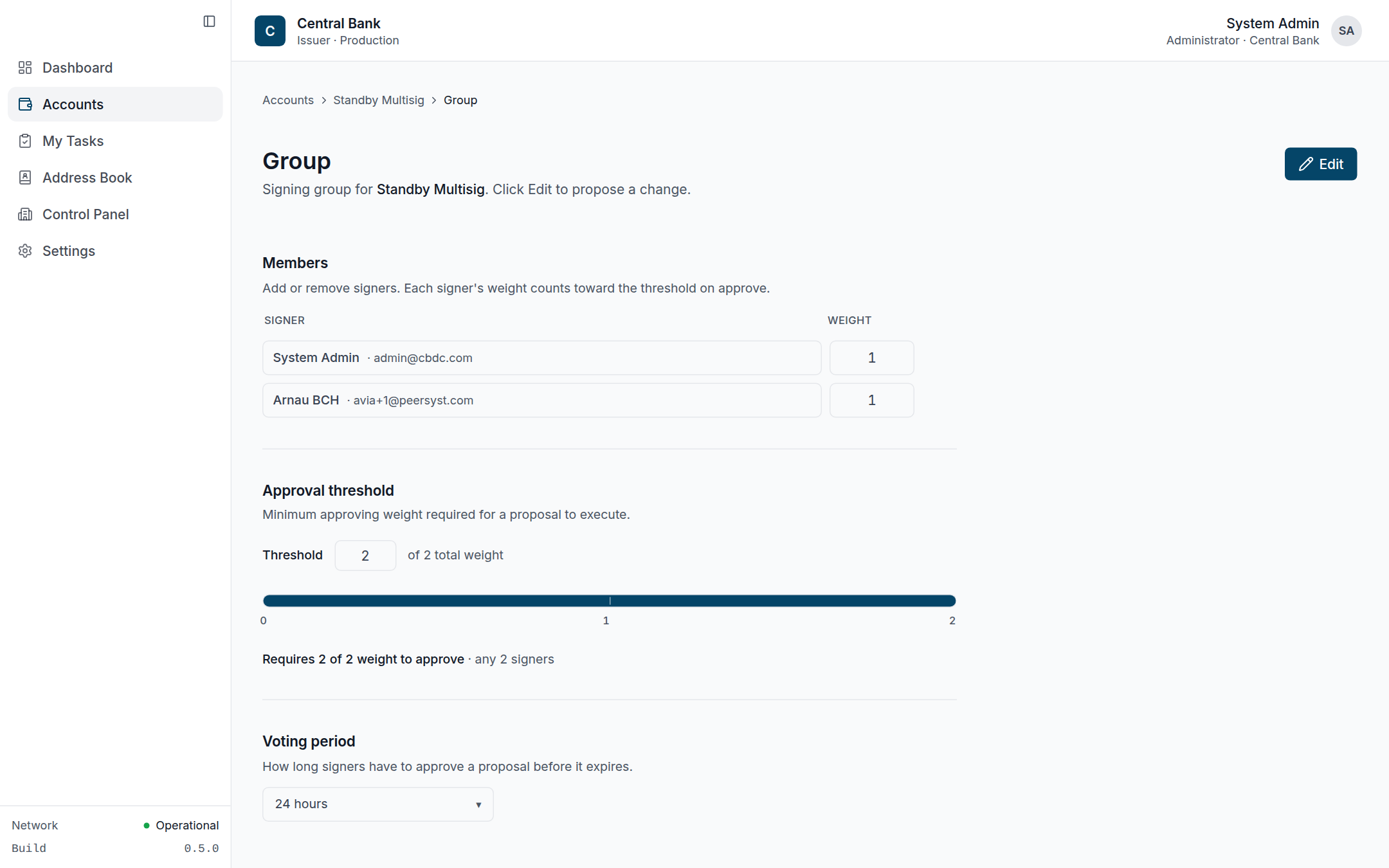 Manage Group view mode showing signers, weights and a 2-of-2 threshold
