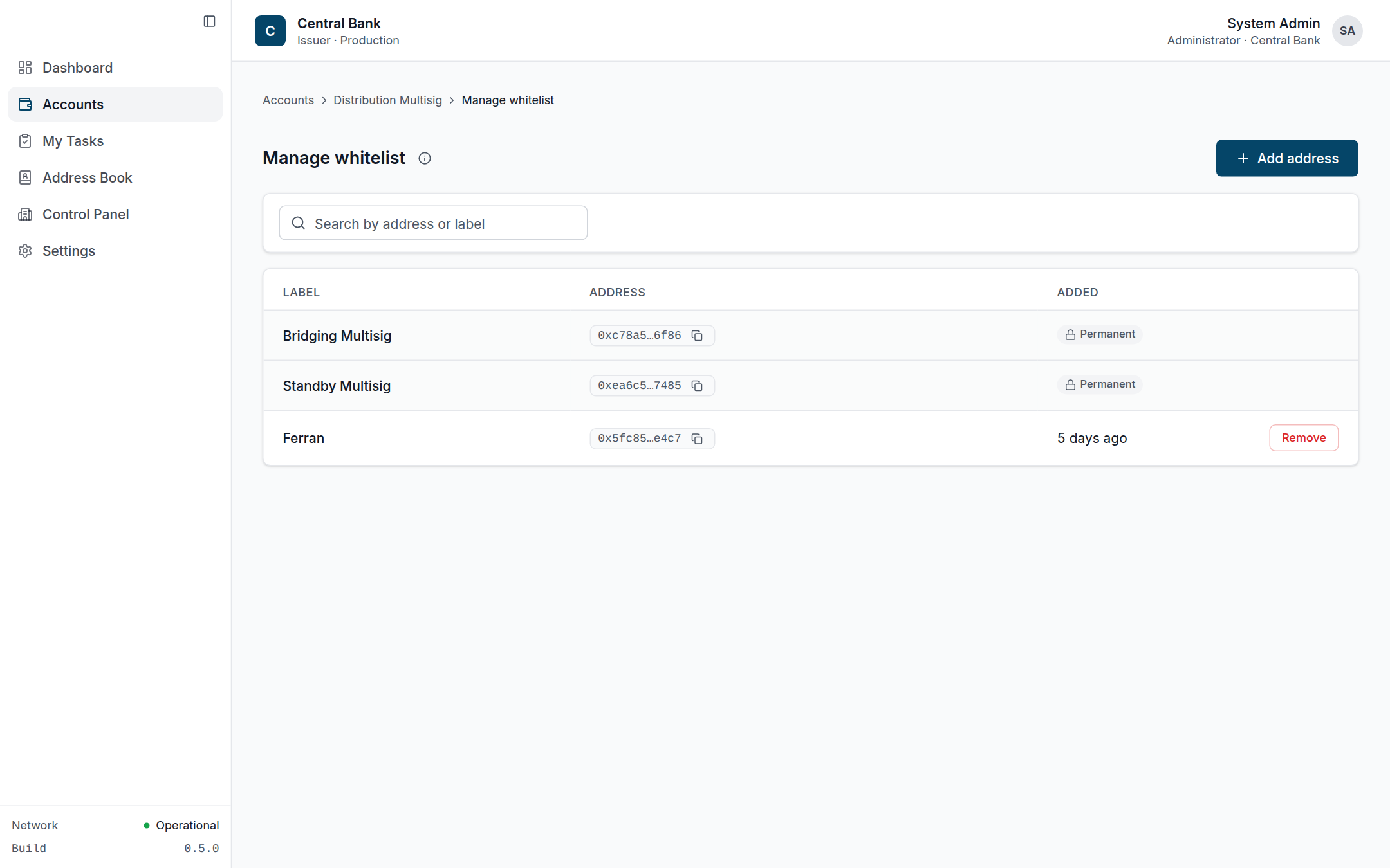 Manage Whitelist page listing permanent and removable recipient entries