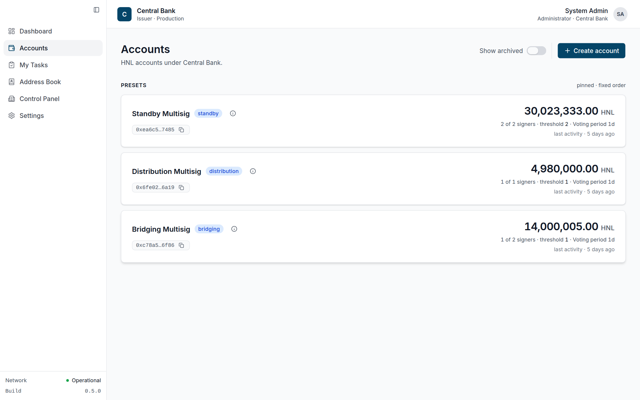 Accounts list with the Standby, Distribution and Bridging presets