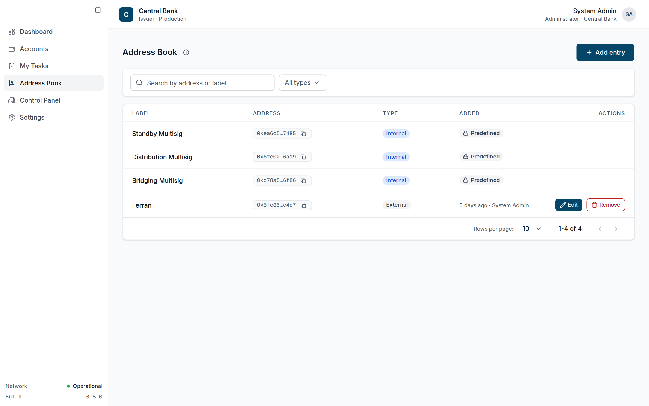 Address Book listing internal (predefined) and external entries with type tags