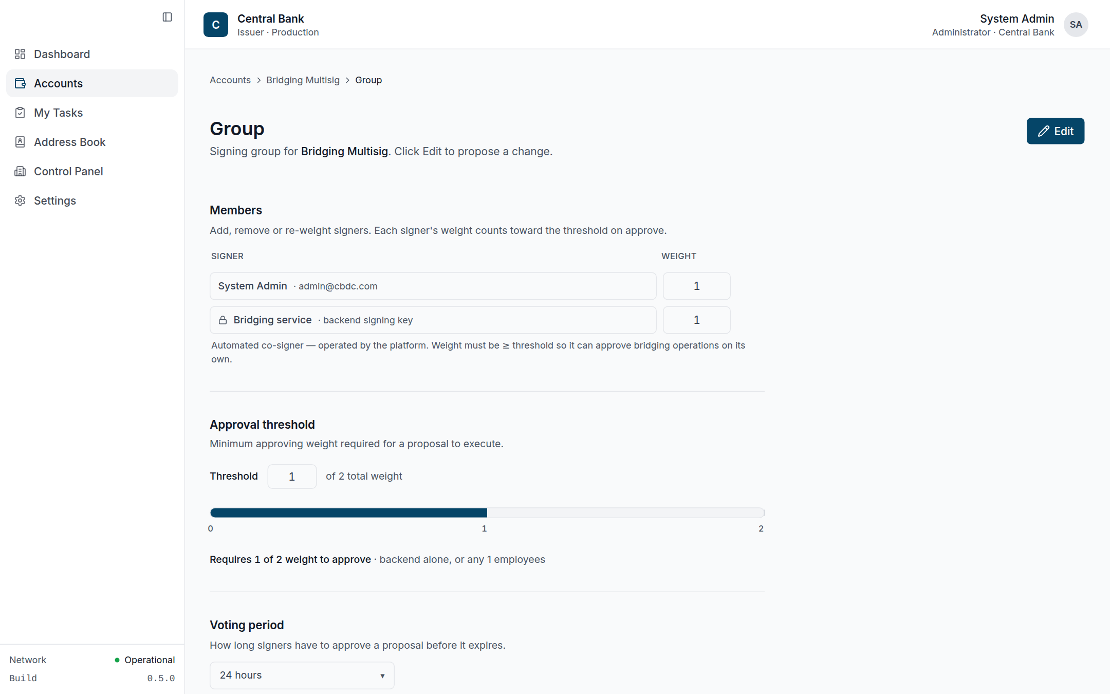 Bridging account group page showing the automated backend co-signer and weighted threshold