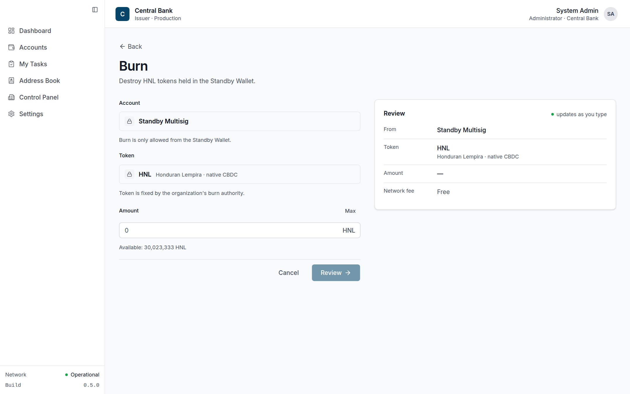 Burn form showing the Max button and live available balance