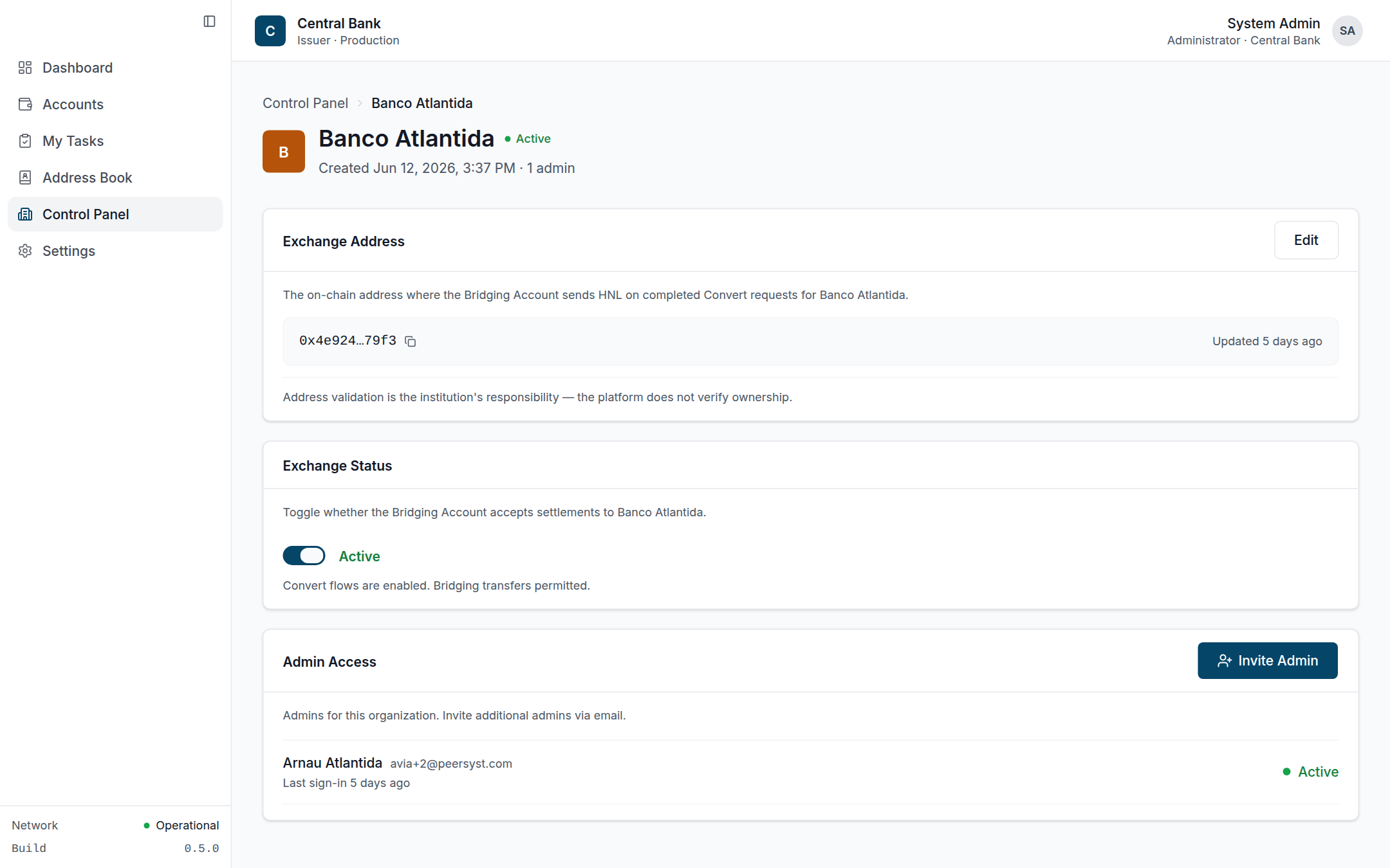 Organization detail page with Exchange Address, Exchange Status toggle and Admin Access cards