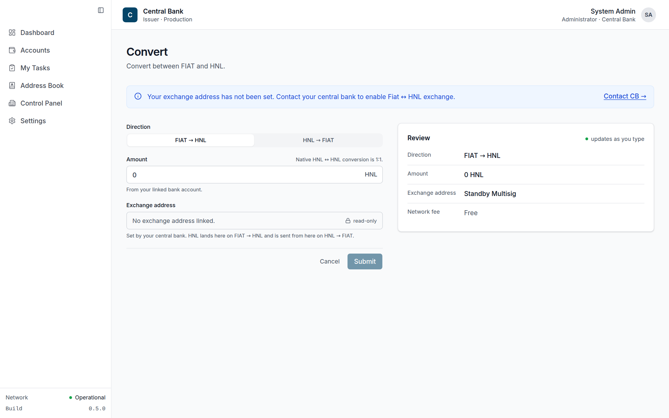 Convert form with FIAT to HNL direction toggle and exchange-address field