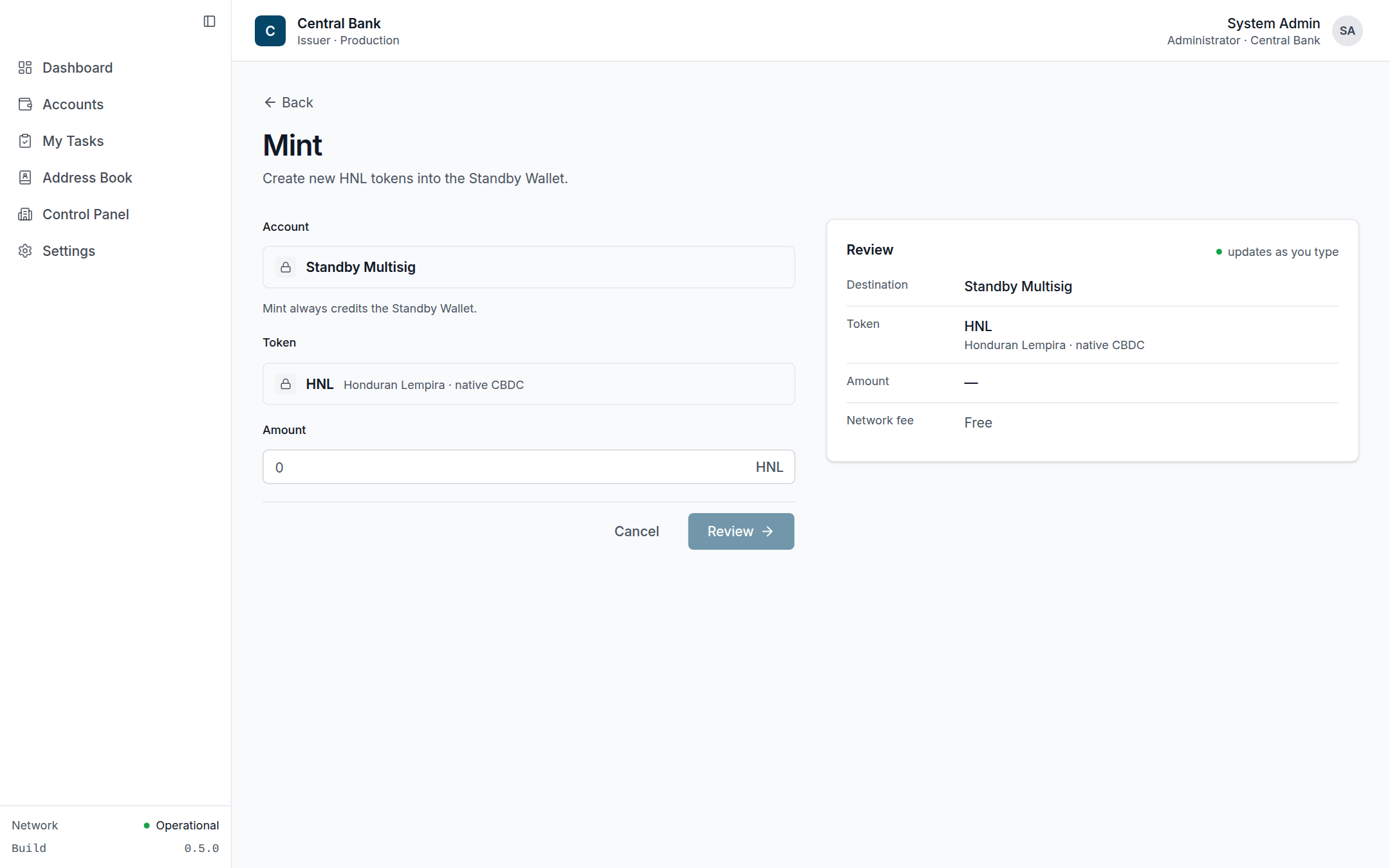 Mint form with locked Standby account and token, plus a live review panel