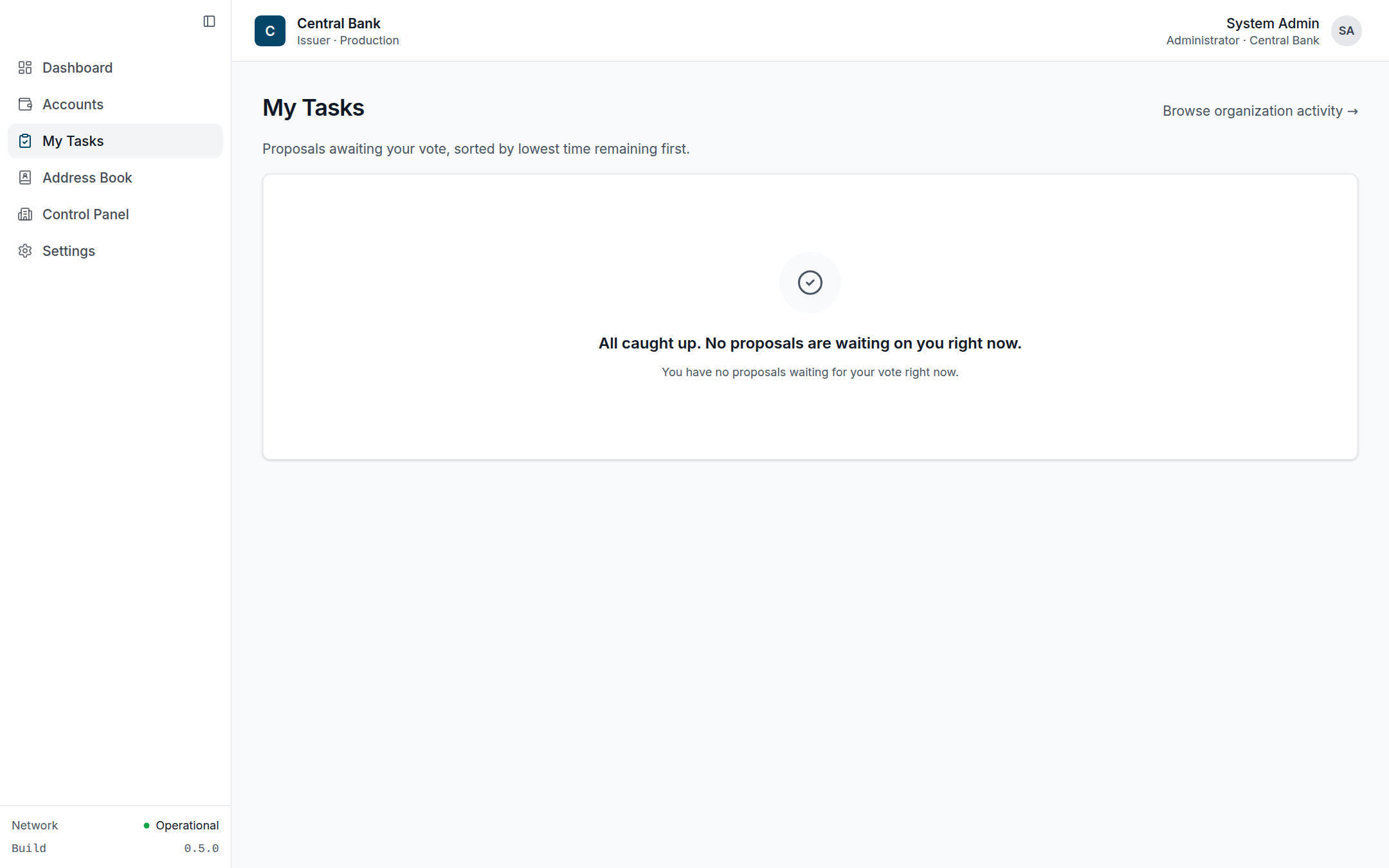 My Tasks empty state — no proposals awaiting the user's vote