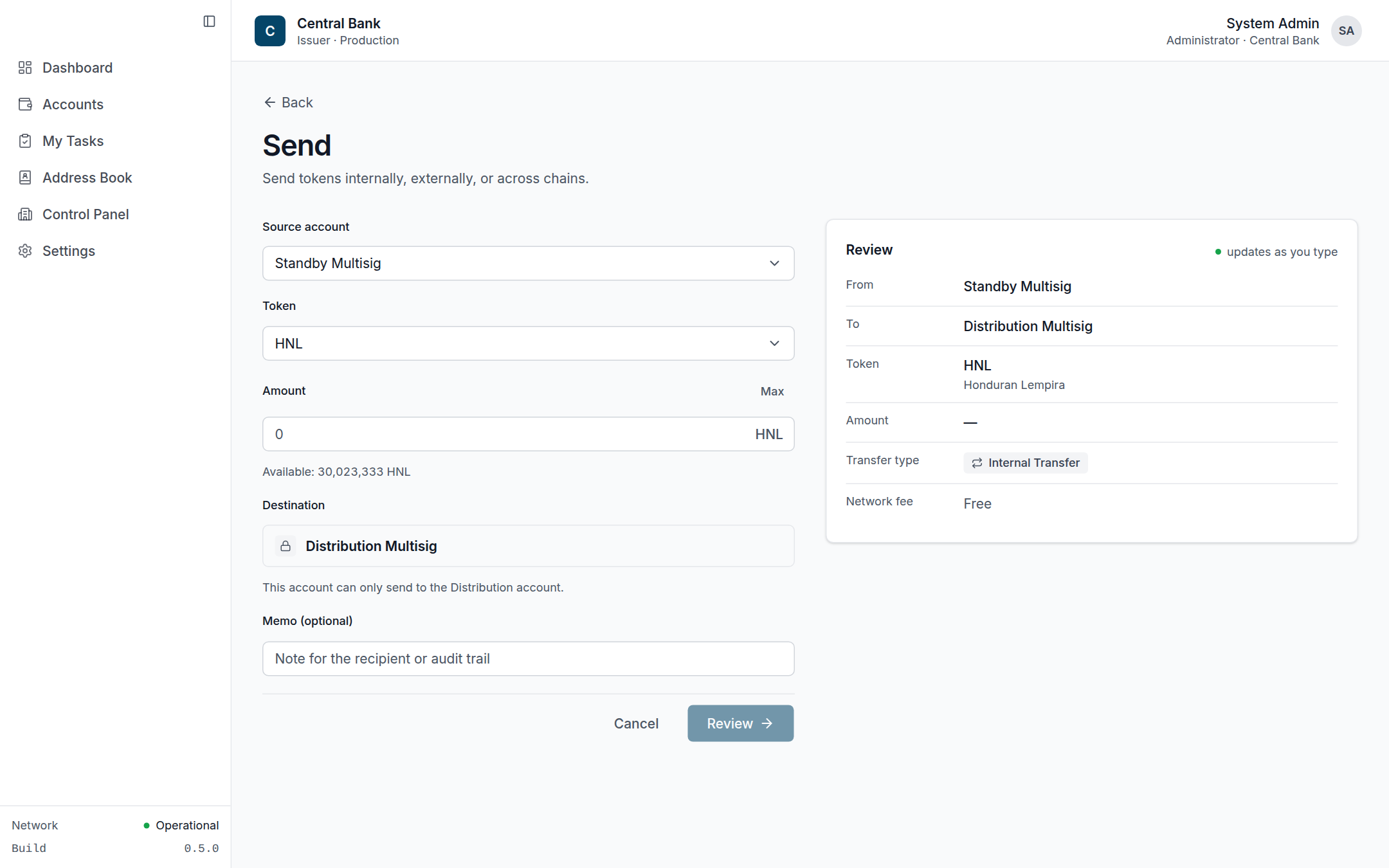Send form with source/token/amount fields and a destination locked by account type