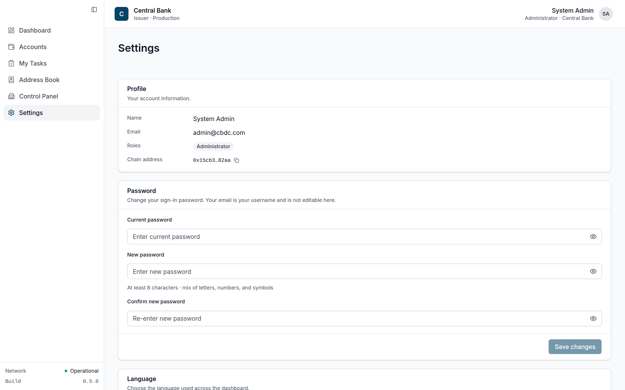 Settings page showing the user's profile, role, chain address, password change and language