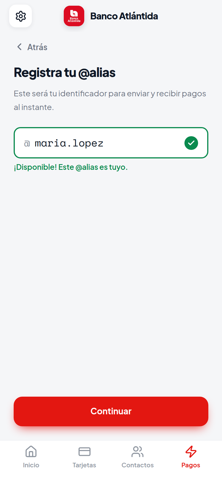 Alias registration screen with a live availability check showing '¡Disponible!'