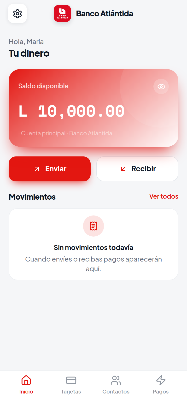 Billetera home with the bank-themed balance card and Enviar / Recibir actions