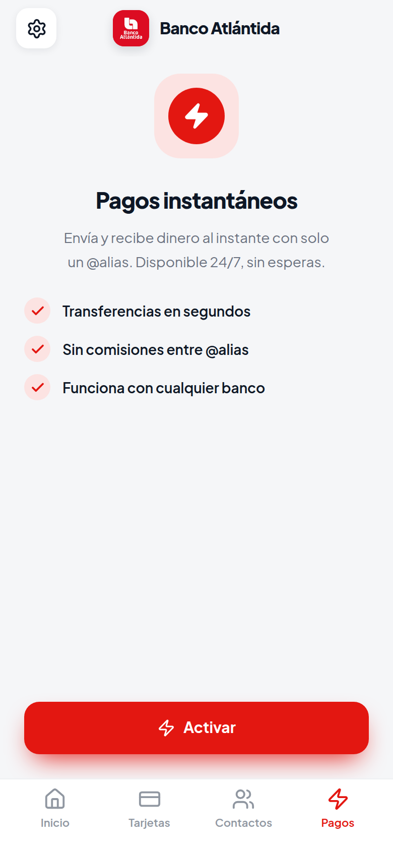 Billetera Pagos tab: 'Pagos instantáneos' intro with value props and an Activar button