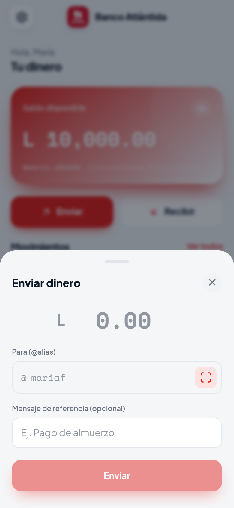 Enviar dinero bottom sheet: amount, recipient @alias with a QR-scan button, and an optional reference